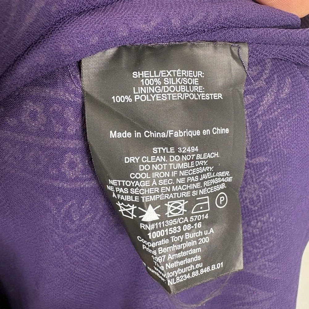 Tory Burch Bourdelle Graphic Floral 100% Silk Dress Purple Silk Tie Neck Sz 10 - Picture 12 of 14